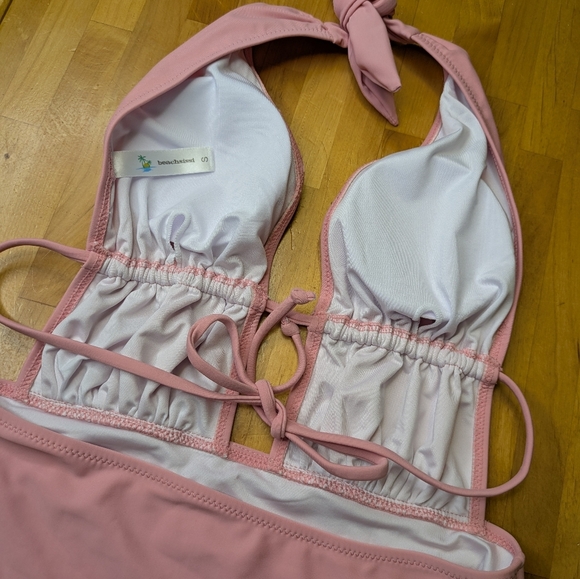 Trikini Ruched Halter One Piece Lilac Pink Swimsuit Tie Back Beachsissi Size S - Picture 7 of 8